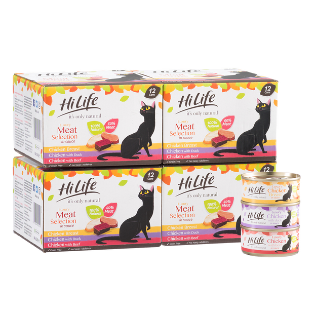 Front facing picture of a HiLife its only natural Luxury Meat Selection multipack in sauce with 100 percent natural ingredients and 60 percent meat.