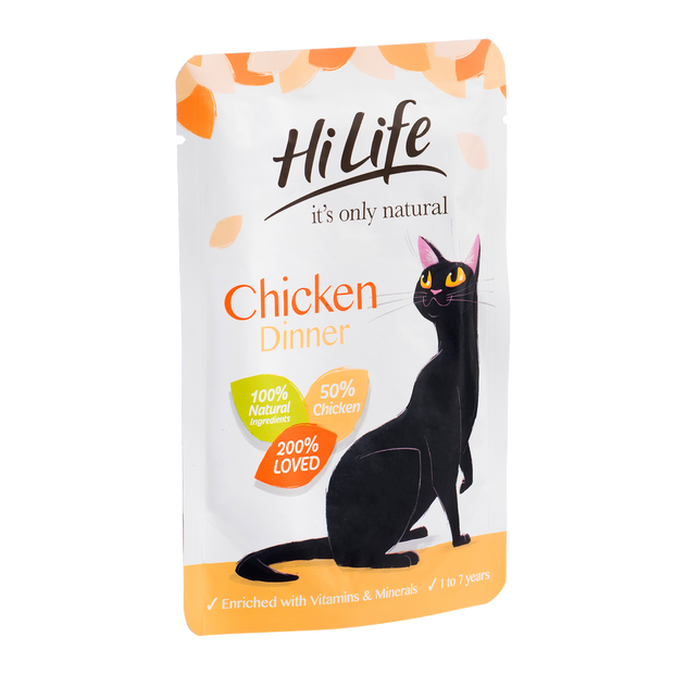 Angled Picture of 英国极速赛车开奖结果官网 its only natural Chicken Dinner pouch cat food with 100% natural ingredients