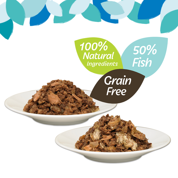 Plate of HiLife its only natural Tuna Flakes and Tuna with Mackerel Cat Food made with 100% natural ingredients