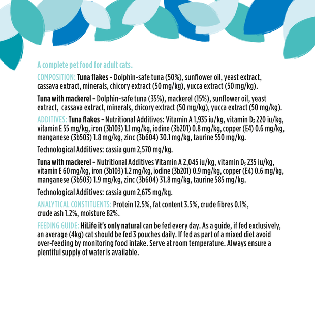 HiLife its only natural the tuna one cat food ingredients and nutritional information