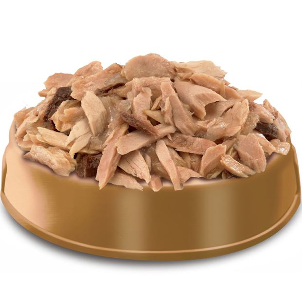 A bowl of delicious HiLife Perfection Flaked Tuna Loin in Jelly Wet Pouch Cat Food showing flakes of natural tuna loin