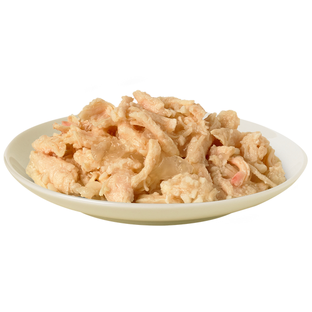 Plate containing delicious HiLife Perfection Flaked Chicken Breast in Jelly Wet Pouch Cat Food showing flakes of natural chicken in jelly